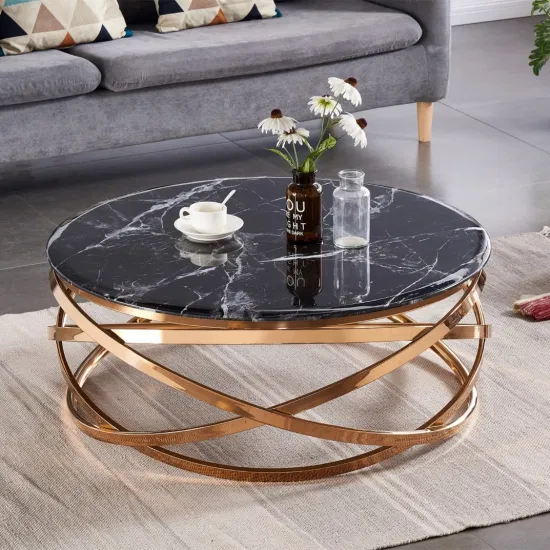Mesas de centro luxuosas modernas de vidro de mármore preto mesas redondas de aço inoxidável douradas para sala de estar